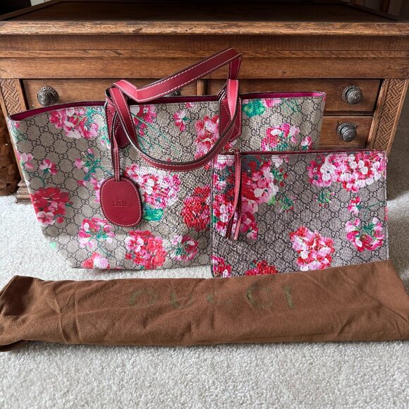 Designer-Inspired Reversible Tote with Pouch - Red Blossom Print - Picture 1 of 8